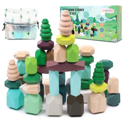 YHHYTOY 40 PCS Wooden Stacking Rocks Building Blocks Forest Theme, Sensory Learning Montessori Toys for 3 4 5 Year Old Kids, Preschool Educational STEM Toys Toddler Games Birthday Gifts for Girls Boys - color: Forest Theme