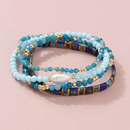 Tila Flat Beaded Stretch Bracelet for Women,Bohemian Friendship Bead Bracelets Handmade Stack Boho Jewelry Accessory for Everyday Wear, Vacation and Friend Gifts - color: blue
