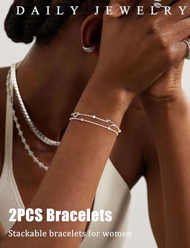 KOHOTA Silver Gold Bracelets for Women Trendy 14K Gold Plated Bracelet for Women Non Tarnish Dainty Stackable Layered Chain Heart Pearl Knot Beaded Bracelets Stack Set Charm Mothers Day Jewelry Gifts - color: C.Heart-silver