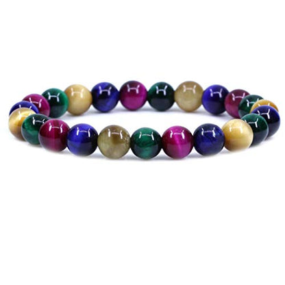 Keleny Gem Semi Precious Gemstones 8mm Natural Stone Round Beads Rock Crystal Jasper Stretch Bracelet 7 Inch Unisex - color: Dyed Multicolor Tiger Eye 1#