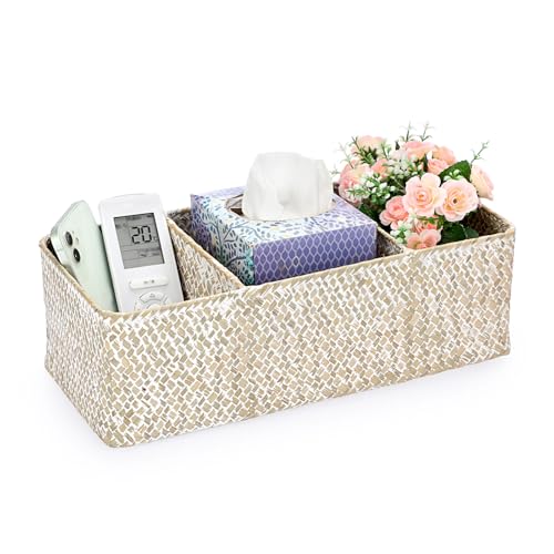 Hipiwe Seagrass Storage Basket Bin- 3 Sections Hand-Woven Toilet Basket Wicker Shelf Basket Bathroom Organizer Bins for Shelves, Kitchen, Pantry, Closets, Toilet Paper Tissue Organizer - color: Whitewash, size: Medium