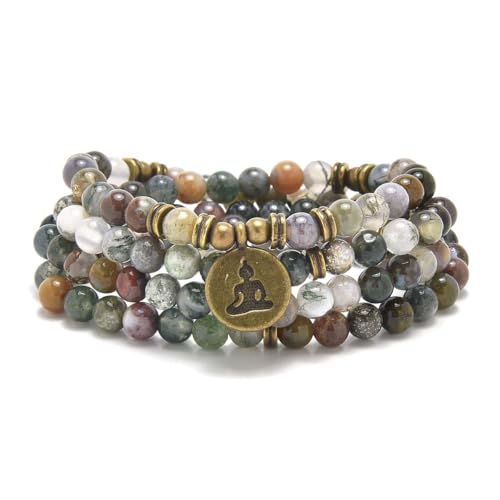 108 Mala Beads Bracelet Necklace with Yoga Symbol Buddha Charm – Gold-Plated Meditation Jewelry, Healing Stone, Ideal Spiritual Gift for Yoga & Meditation - style: Indian Agate