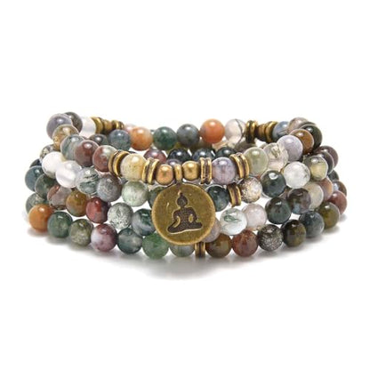 108 Mala Beads Bracelet Necklace with Yoga Symbol Buddha Charm – Gold-Plated Meditation Jewelry, Healing Stone, Ideal Spiritual Gift for Yoga & Meditation - style: Indian Agate