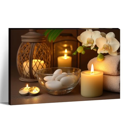 KPLUNDO Zen Canvas Wall Art - Candle with Spa Stones on Wood Table Picture Orchid Painting Prints Meditation Relax Artwork for Bathroom Yoga Spiritual Room Decor Frame(16.00x24.00 inch) - color: Art-9, size: 24"L x 16"W