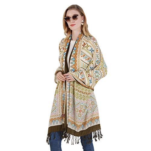 100% Merino Wool Pashmina Shawl for Women 96"x43", Oversized Cashmere Wrap with Tassels, Floral Travel Blanket Cape
