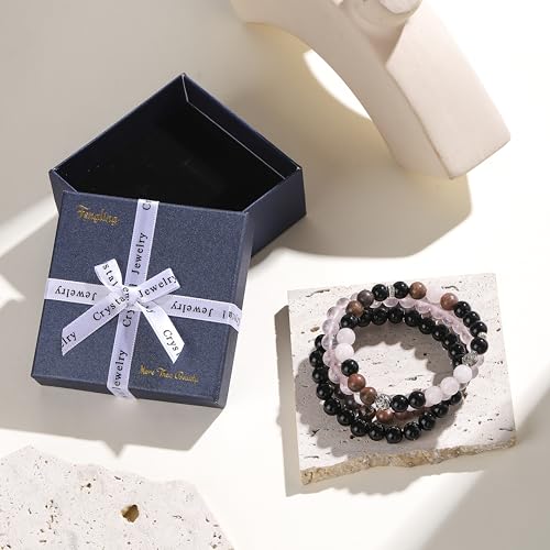 Fengling 4 PCS Beaded Crystal Bracelet for Women 8mm Natural Gemstones Handmade Bracelet for Girls Healing Stretch Bracelets Crystal Jewelry for Women Gifts - color: Pink Crystal&Black Thread Rhodochrosite &Pure Black obsidian