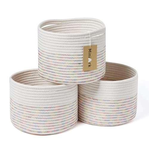 MiniArk Small Basket for Organizing | Cube Shelf Closet Storage Baskets | 9.7×9.7×7.1” | Woven Rope Gift Basket | Nursery | Round 3 Packs Rainbow - color: Off White & Rainbow Stitches, size: Round-7L (⌀9.7"×H7.1")