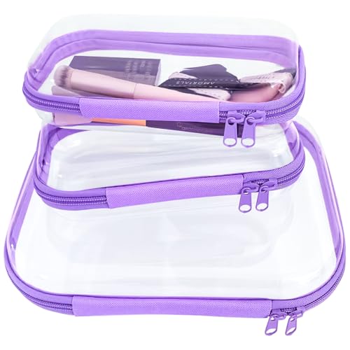 3 Pcs Clear Hard Zipper Case, Hard Shell Plastic Clear Organizer Bag, Transparent Makeup Pouches, Portable Box for Travel Toiletries Storage Bins (Purple) - color: Purple, size: 1M2S