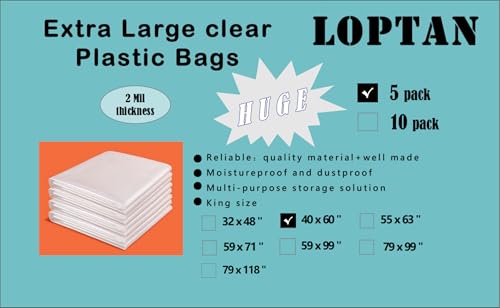 Large Clear Plastic Bags 40 x 60 Inches Extra Large Storage Bags Great for Moistureproof, Dustproof, Luggage, Home Appliances, Big Plush Toys, Moving, Storage and More (5 pack) - size: 40 x 60"