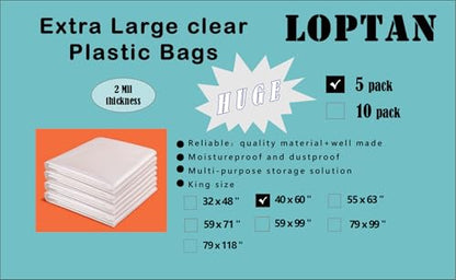 Large Clear Plastic Bags 40 x 60 Inches Extra Large Storage Bags Great for Moistureproof, Dustproof, Luggage, Home Appliances, Big Plush Toys, Moving, Storage and More (5 pack) - size: 40 x 60"