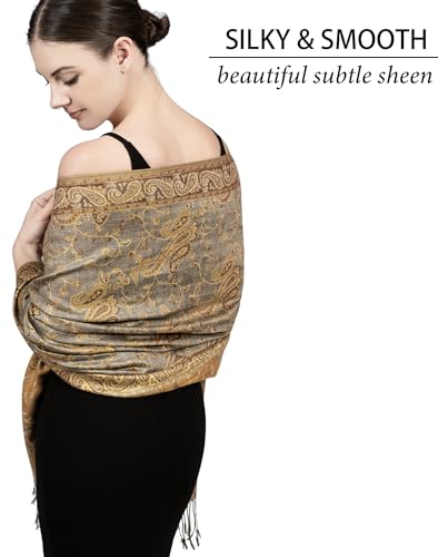 Achillea Reversible Paisley Pashmina Rave Scarf – Exotic Indian Shawls and Wraps for Evening Dresses, Festivals, All Seasons - color: Grey Bronze
