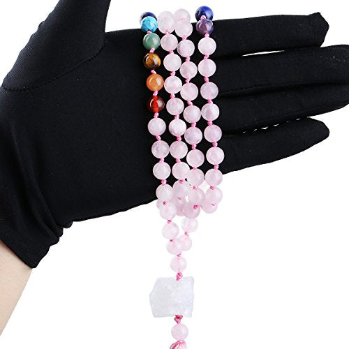 SUNYIK 7 Chakra Stone Buddhist Bracelet,Paryer Beads Necklace Strand for Meditation,Rose Quartz