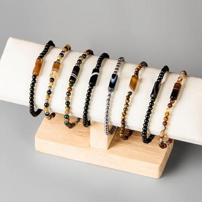 Natural Stone 4mm Round Beads Agate Adjustable Braided Elastic Rope Bracelets Unisex for Men Women - color: Color1-4pcs