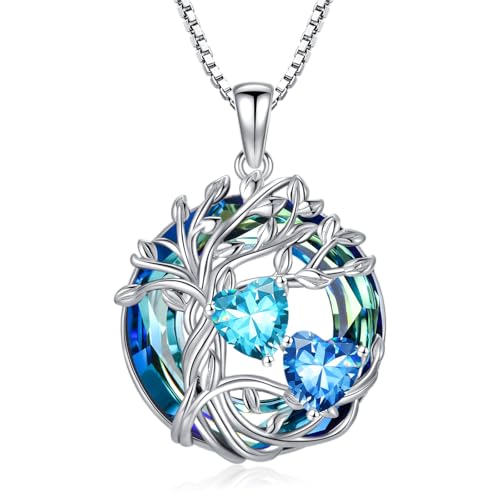 TOUPOP s925 Sterling Silver Family Celtic Tree of Life Pendant Necklaces with 2 Heart Birthstone with Blue Austrian Crystal Jewelry Birthday Valentines Day Gifts for Her, Anniversary Christmas Gifts for Wife Girlfriend Mom (18K Real White Gold Filled) - c