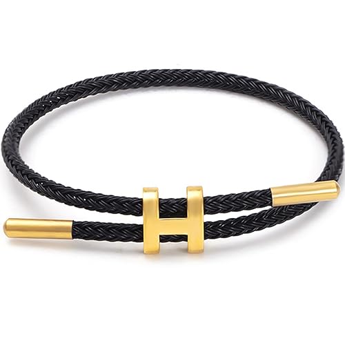 Simple Titanium Rope Steel Wire Bracelet with Adjustable Design Polished H Shape Buckle Bracelet Outdoor Casual Minimalist Fashion Gift for Women Men - color: black