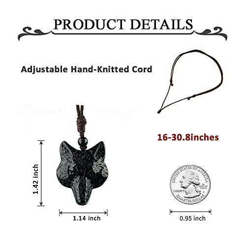 Black Obsidian Necklace Natural Crystal Amulet Protection Pendant with Adjustable Rope Lucky Talisman Necklaces Jewelry Gift for Men Women - color: Wolf Head