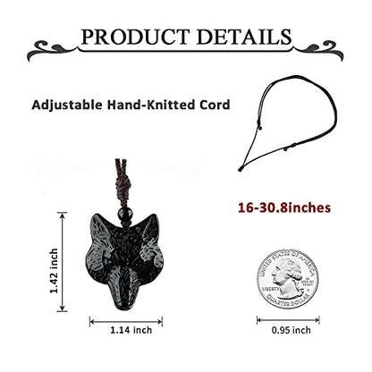 Black Obsidian Necklace Natural Crystal Amulet Protection Pendant with Adjustable Rope Lucky Talisman Necklaces Jewelry Gift for Men Women - color: Wolf Head
