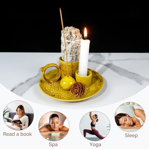 MOUGIGI 5.1-Inch 5-in-1 Yellow Ceramic Incense Holder - Fits Palo Santo, Sage, Incense Sticks/Cones, Small Candle, Smudge Burning Tray.Zen Altar for Meditation/Yoga, Aromatic Scents, Matches Friendly - color: Multifunctional Palo Plate-yellow
