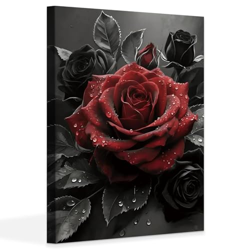 QPOKLAF Black And White Red Rose Wall Art Canvas Prints Living Room Wall Decor,Black Floral Framed Posters Bathroom Aesthetics Wall Decorations 12x16 inch - color: Framed-Black And White Red Rose Wall Art