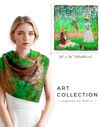 PoeticEHome Cashmere Scarf Wrap 36"x36" - Featherlight & Wrinkle-Free Artistic Square Shawl for Travel & Office, Gift Ready - color: In the Woods at Giverny - 36"