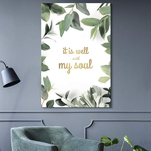 wall26 - Canvas Wall Art - Green Leaves on White Background with It's Well with My Soul Quotes - Giclee Print Gallery Wrap Modern Home Art Ready to Hang - 12x18 inches - color: Artwork - 02, size: 18"L x 12"W