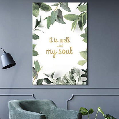 wall26 - Canvas Wall Art - Green Leaves on White Background with It's Well with My Soul Quotes - Giclee Print Gallery Wrap Modern Home Art Ready to Hang - 12x18 inches - color: Artwork - 02, size: 18"L x 12"W