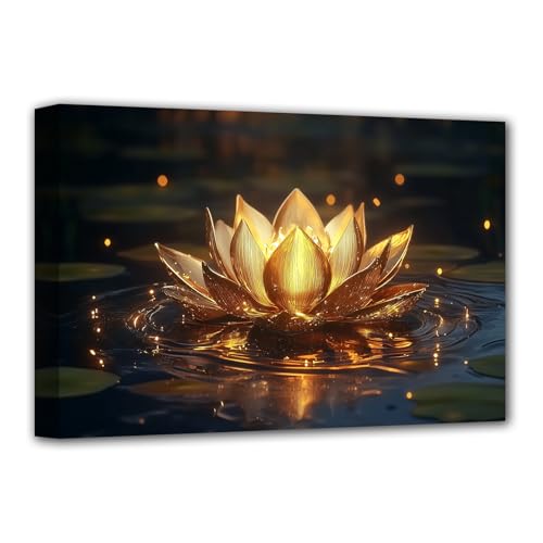 CHAOSETKEN Gold Lotus Wall Art Zen Pictures Prints Water Lily Blooming Canvas Paintings Gold Lotus in Water Poster Meditation Artwork for Yoga Spa Decor Framed (Gold,42L x 28W) - color: Gold, size: 42L" x 28W"