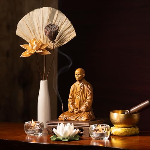 Zen Master Thich Nhat Hanh Wooden Statue with 5.5"x5.5" Oriental Carved Base, Home Altar & Meditation Decor Set