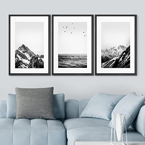 NWT Framed Canvas Print Wall Art Set Black White Snowy Winter Mountain Landscape Nature Wilderness Photography Modern Art Rustic Scenic Relax/Calm for Living Room, Bedroom, Office - 16"x24"x3 Black - color: A02-2203-fo18, size: 16" x 24" x 3 Panels BLACK