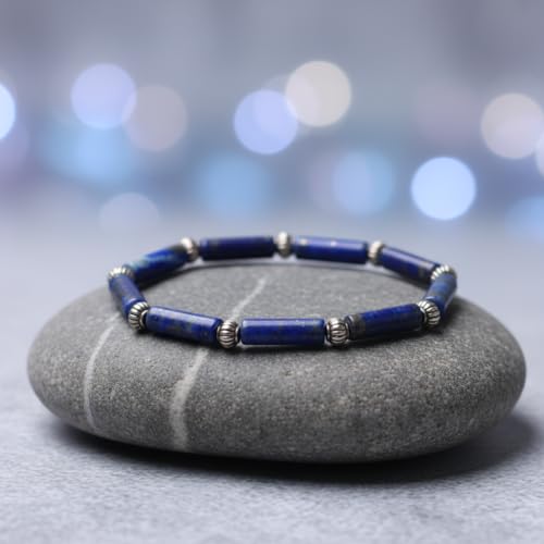 Lapis Lazuli Healing Bracelet – Real Crystal Beads for Stress Relief, Meditation & Chakra Balance – Natural Gemstone Jewelry Gift for Women & Men, Adjustable Stretch Fit - style: Tube Bead - Silver color Accent （no gift box）