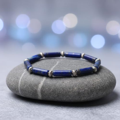 Lapis Lazuli Healing Bracelet – Real Crystal Beads for Stress Relief, Meditation & Chakra Balance – Natural Gemstone Jewelry Gift for Women & Men, Adjustable Stretch Fit - style: Tube Bead - Silver color Accent （no gift box）