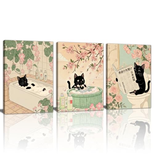 WENGTIAO Japanese Bathroom Wall Art Set of 3 Funny Black Cat Wall Paintings Cute Japan Cat Prints Pictures Animal on Toilet Photo Home Decor for Bathroom Restroom Laundry Room 12”x16”x3 - color: Black Cat Bathroom, size: 12"x16"x3Pcs