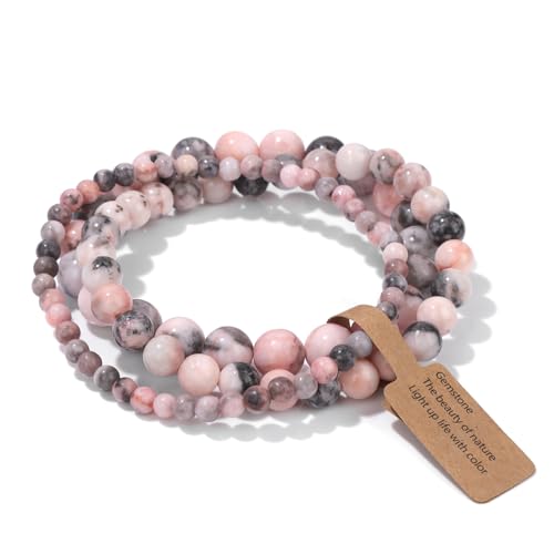 3 PCS Healing Crystal Bracelets for Women 8mm Natural Stone Beaded Stretch Bracelet Amethyst Jewelry Gifts - color: 4,6,8mm Pink Zebra Jasper