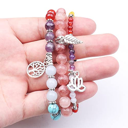 Tree of Life Yoga Healing Stone Bracelets,Multilayer Lotus Chakra Stone Reiki Bracelet Sets,Anxiety Crystal Natural Stone,for Women Stress Relief - style: Chakra+sunstone