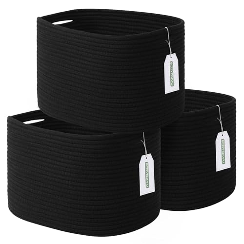 ECDYQXVU Cotton Rope Storage Basket, 15x10x9 Inches, Woven Basket for Shelves, Clothes, Towels, Books, and Laundry, Black (3 Pack) - color: Black, size: 3 Pack
