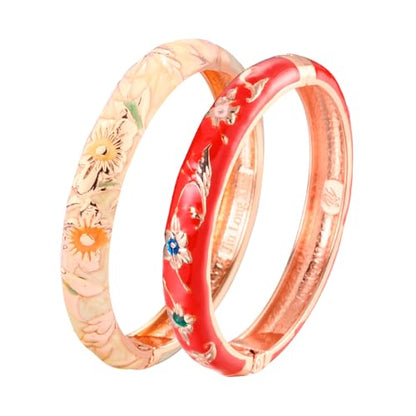 UJOY Classic Cloisonne Bracelets Enamel Jewelry Plated Bamboo Flower Cuff Metal Bangle for Women Gift Box - color: A81-Flower-Red and Yellow