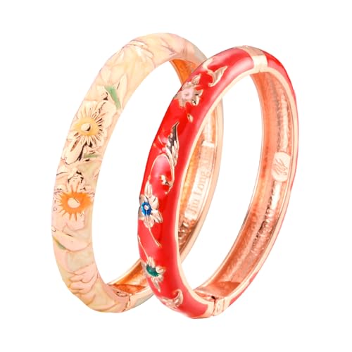 UJOY Classic Cloisonne Bracelets Enamel Jewelry Plated Bamboo Flower Cuff Metal Bangle for Women Gift Box - color: A81-Flower-Red and Yellow