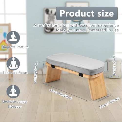 Prayer Bench, Foldable Bamboo Yoga Bench with Cushion and Carry Bag Ergonomic Kneeling Stool for Indoor Outdoor Sitting Thinking(Grey) - color: Grey