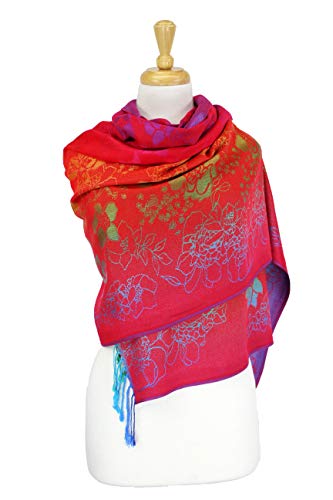PASKMLNA Double Side Multi Colors Silky Tropical Colorful Exotic Pashmina Wrap Shawl Scarf Rave - color: 051-red Multi Feathers