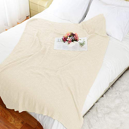 uxcell 100% Cotton Cable Knit Throw Blanket,Soft Lightweight Lap Blanket,Textured Solid Sofa Throw Couch Cover Decors Knitted Blankets, Beige 50"x 60" - color: Beige