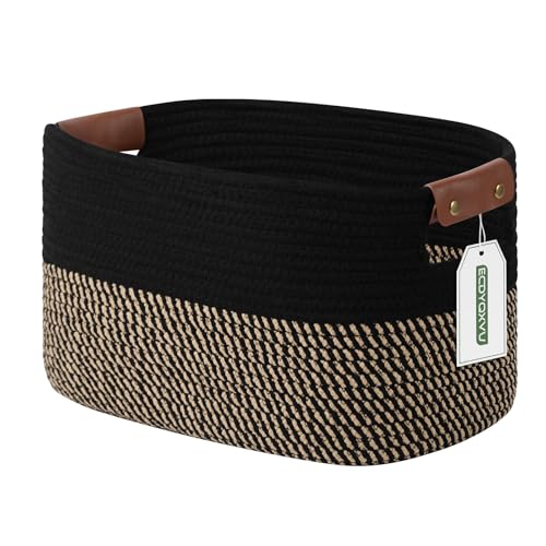 ECDYQXVU Cotton Rope Basket, Storage Baskets with Handle, 15x10x9 Inch Woven Basket for Shelves, Laundry, Towels, Clothes, Books, (Black Brown 1 Pack) - color: Black/Brown-1 Pack, size: 1 Pack