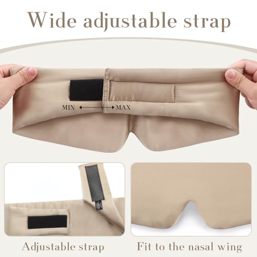 100% Mulberry Silk Sleep Mask for Side Sleeper - Face-Hugging Padded Blackout Eye Cover with Adjustable Band, Large Size Cooling Pressureless Sleeping Mask for Women Men (Taupe)