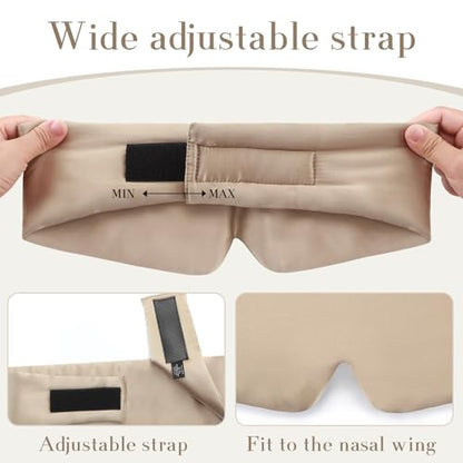 100% Mulberry Silk Sleep Mask for Side Sleeper - Face-Hugging Padded Blackout Eye Cover with Adjustable Band, Large Size Cooling Pressureless Sleeping Mask for Women Men (Taupe)
