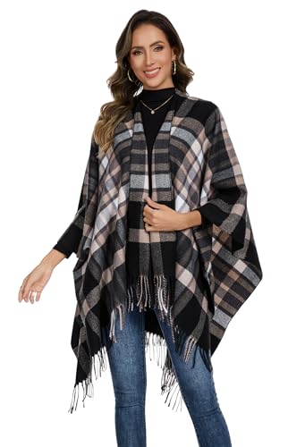 Shawl Wraps for Women, Elegant Knitted Cape Open Front Poncho Scarf Blanket Cardigan Coat for Spring, Autumn, and Winter - color: Black Khaki 2
