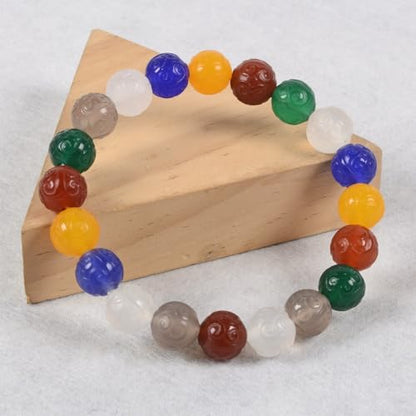 Justinstones Gem Semi Precious Gemstone 10mm Round Beads Stretch Bracelet 7 Inch Unisex - color: Multicolor Agate Carved Auspicious Cloud
