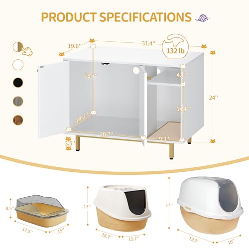 Hzuaneri Cat Litter Box Enclosure,Hidden Litter Box Furniture with Storage, Large Wooden Cabinet with Sisal Mat, Modern Cat Washroom for Living Room, Bedroom, Entryway, White and Gold 01503GCLB - color: White and Gold