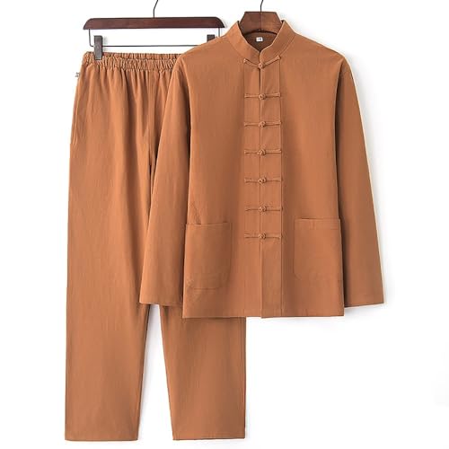 Men's Meditation Outfit Spring Autumn Comfortable Breathable Cotton Linen Prayer Clothing ﻿Christmas Halloween Birthday Gift ﻿ ﻿(Light Brown,L)