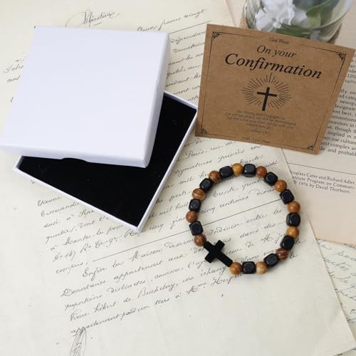 MILAKOO Wooden Bracelet with Black Stainless Steel Cross Charms Bead Christian Gifts for Women Men - color: A5
