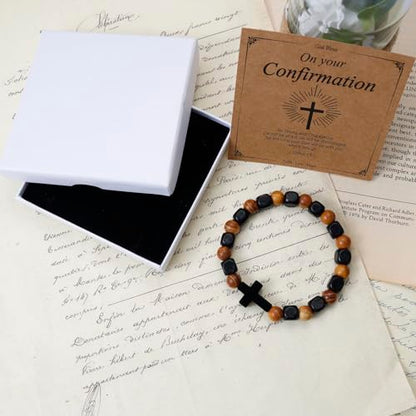 MILAKOO Wooden Bracelet with Black Stainless Steel Cross Charms Bead Christian Gifts for Women Men - color: A5