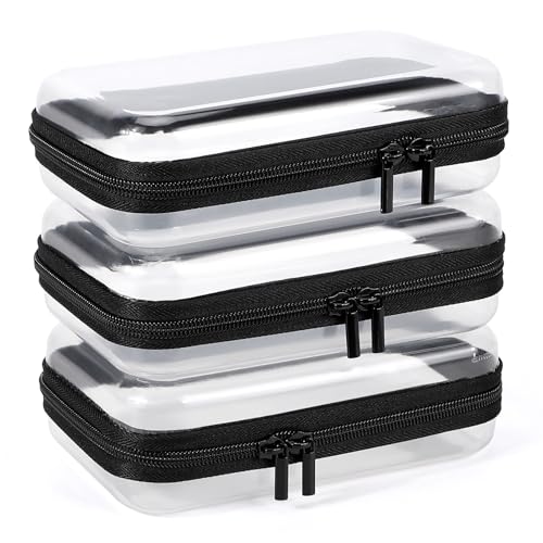 3 Pack Clear Hard Shell Zipper Case, Clear Zipper Pouches Waterproof Makeup Organizer & Travel Toiletry Bag, Plastic Pouch for Travel Office Storage, Home, Black Small Size - color: Black, size: Small